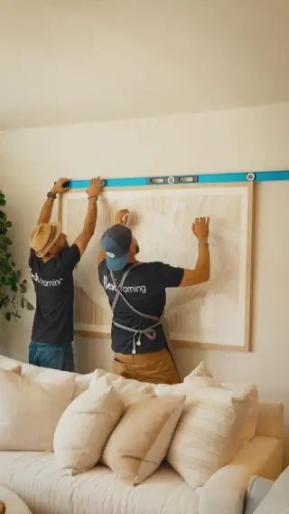 Two of the Best Framing crew holding a long level across a large light-oak framed piece as they set it on the wall above a cream sofa