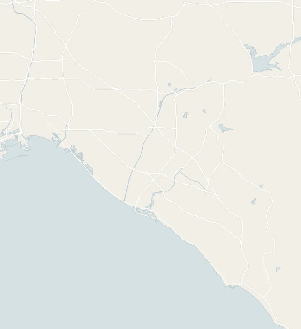 Map of the coast from Long Beach to San Clemente, with the towns Best Framing serves around Costa Mesa