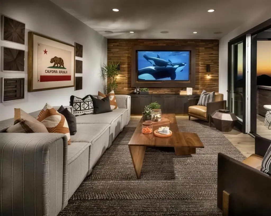 A framed California Republic flag in a gold frame among reclaimed-wood panels in a media room
