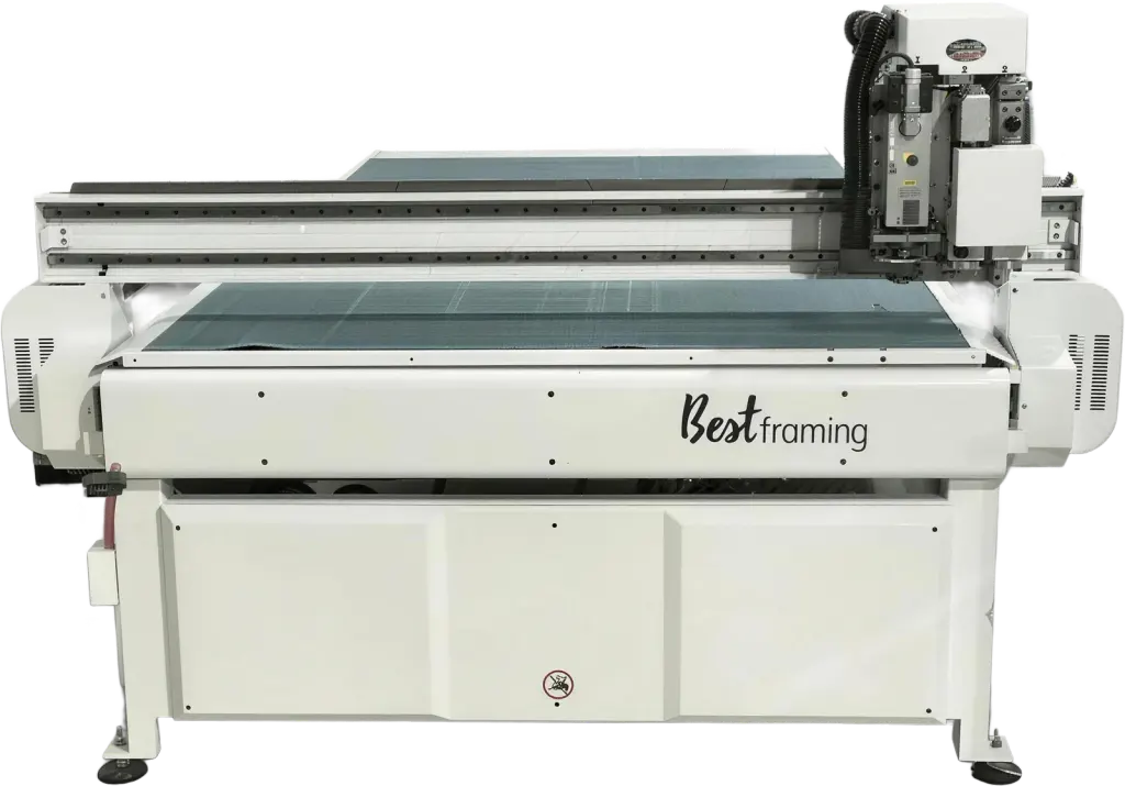 The Colex flatbed CNC cutter with the Best Framing script lettered along the front of its bed (manufacturer photograph)