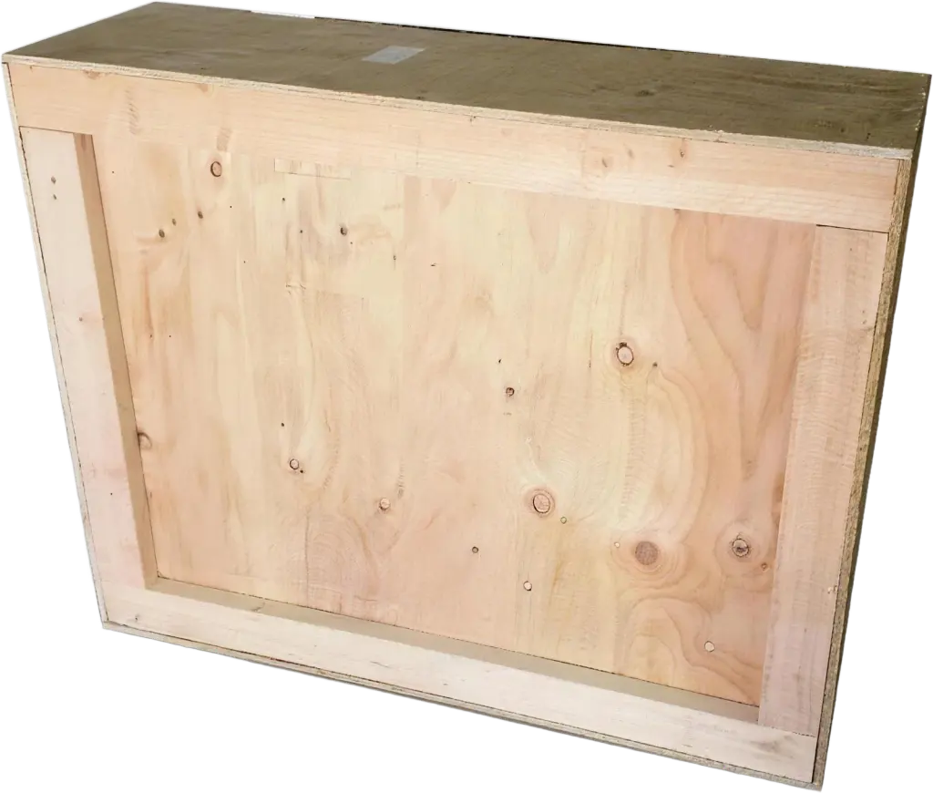 A plywood shipping crate built at Best Framing, photographed on white