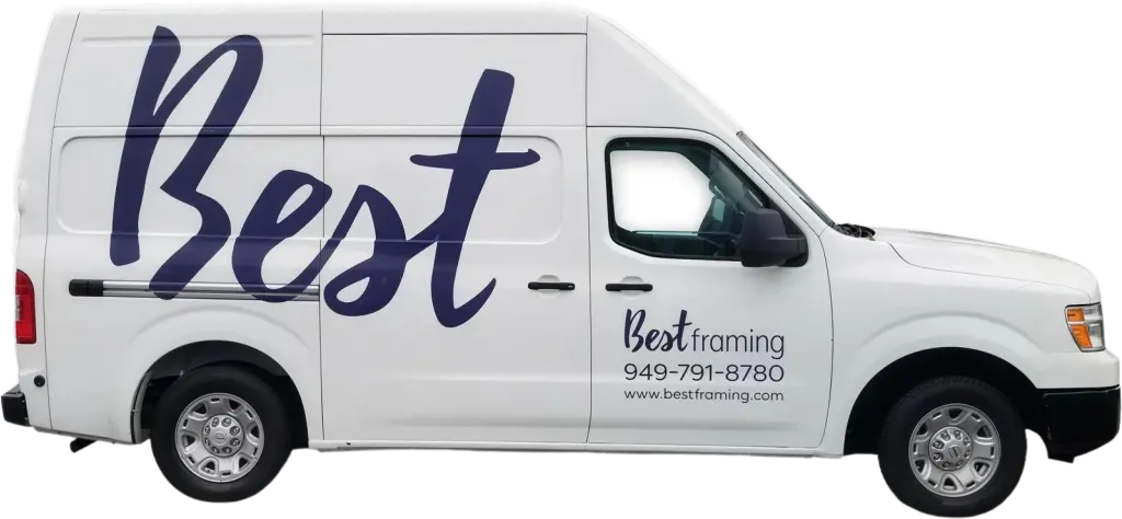 The Best Framing delivery van in profile, white, with the Best script down its side and the phone number and web address on the door