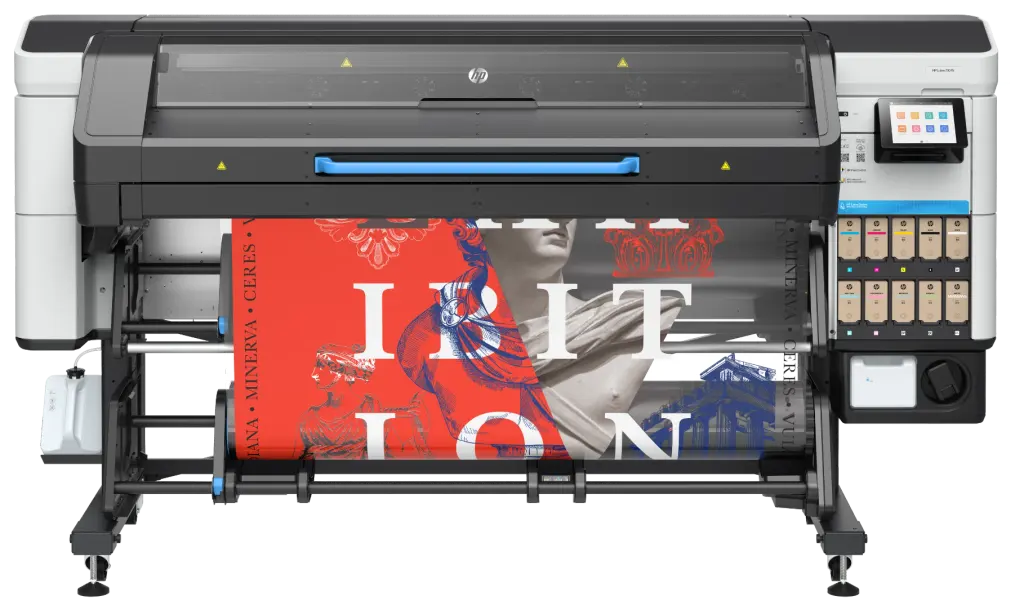 The HP Latex 730 W 64-inch latex printer, a large print feeding out of it onto the take-up roll (manufacturer photograph)