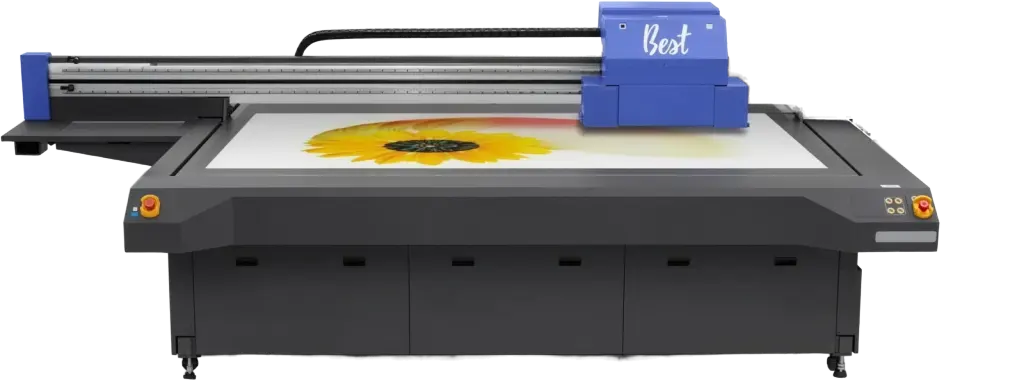 A flatbed UV printer with the Best script on its print-head carriage, a sunflower image printed on the bed