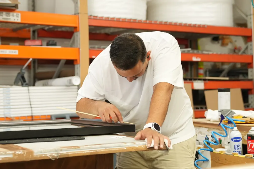 A framer fitting a black frame at the bench on the production floor
