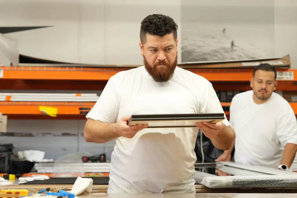 A framer holding a finished black frame up to check it