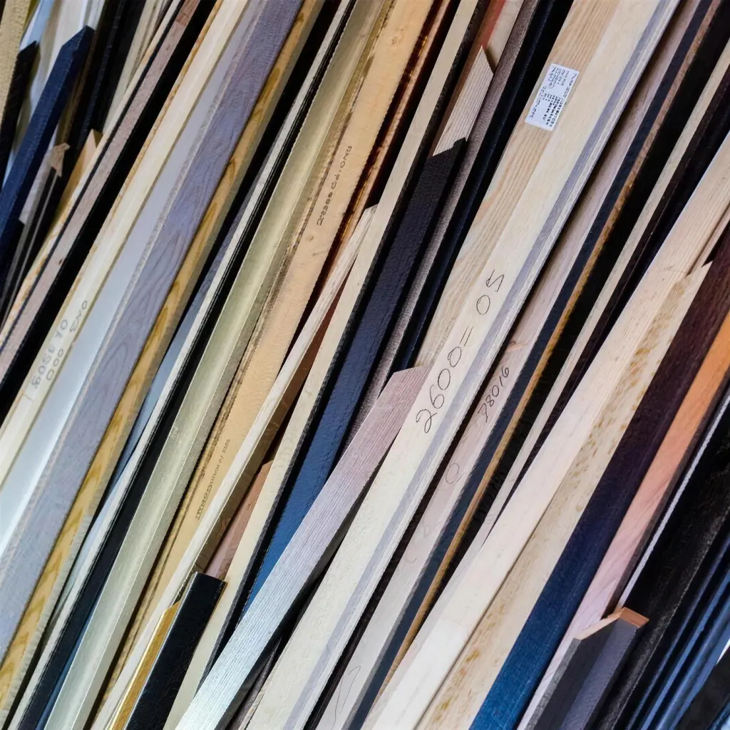Moulding sample lengths packed edge to edge, pale ash, walnut, gilt, navy and black profiles, each one hand-numbered in pencil