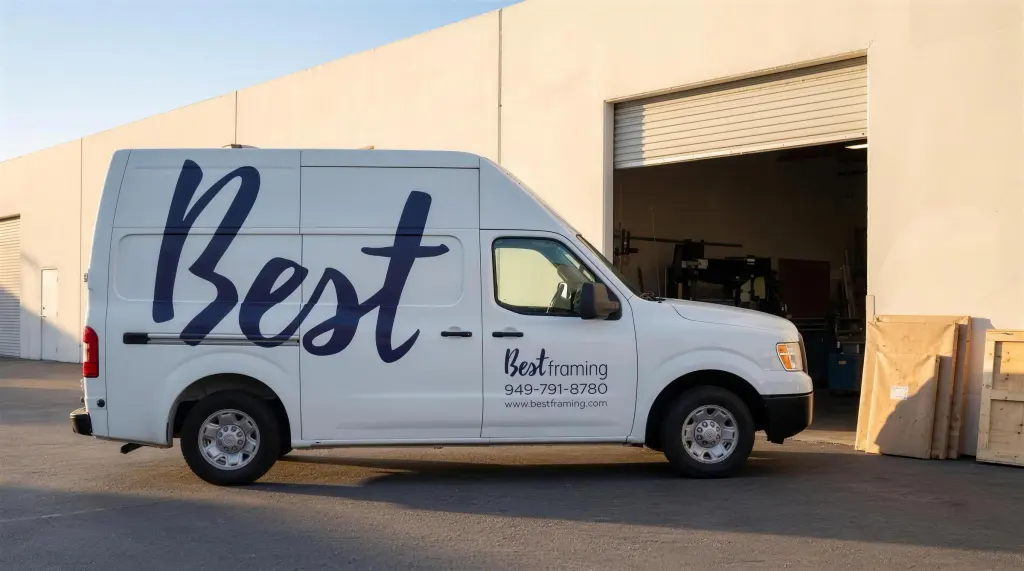 The Best Framing van parked at the open roll-up door of the Costa Mesa workshop, crated work leaning against the wall beside it