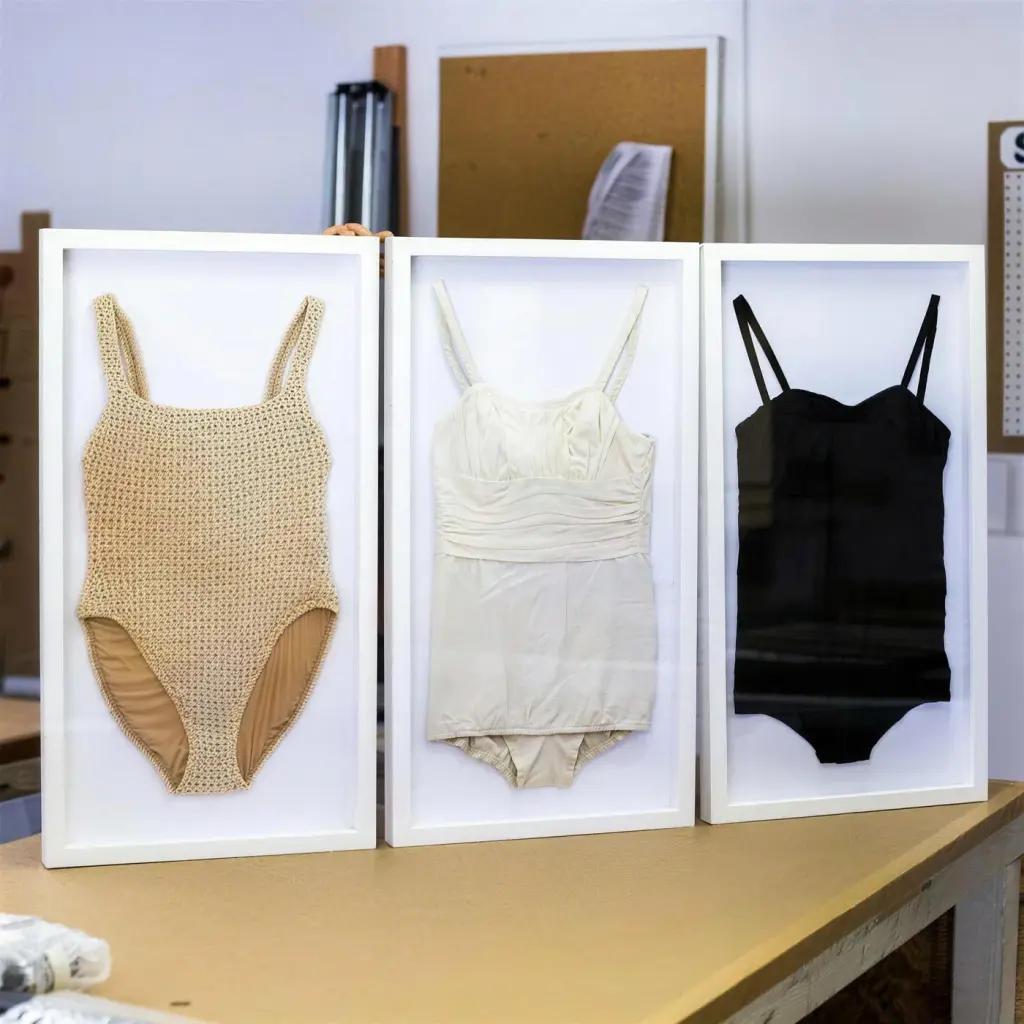 Three vintage one-piece swimsuits in white deep box frames, propped on the work table